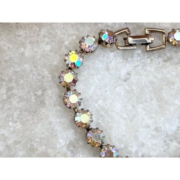 Gold Toned Iridescent Rhinestoned Vintage Costume Jewelry Tennis Bracelet - 7" - Picture 6 of 10